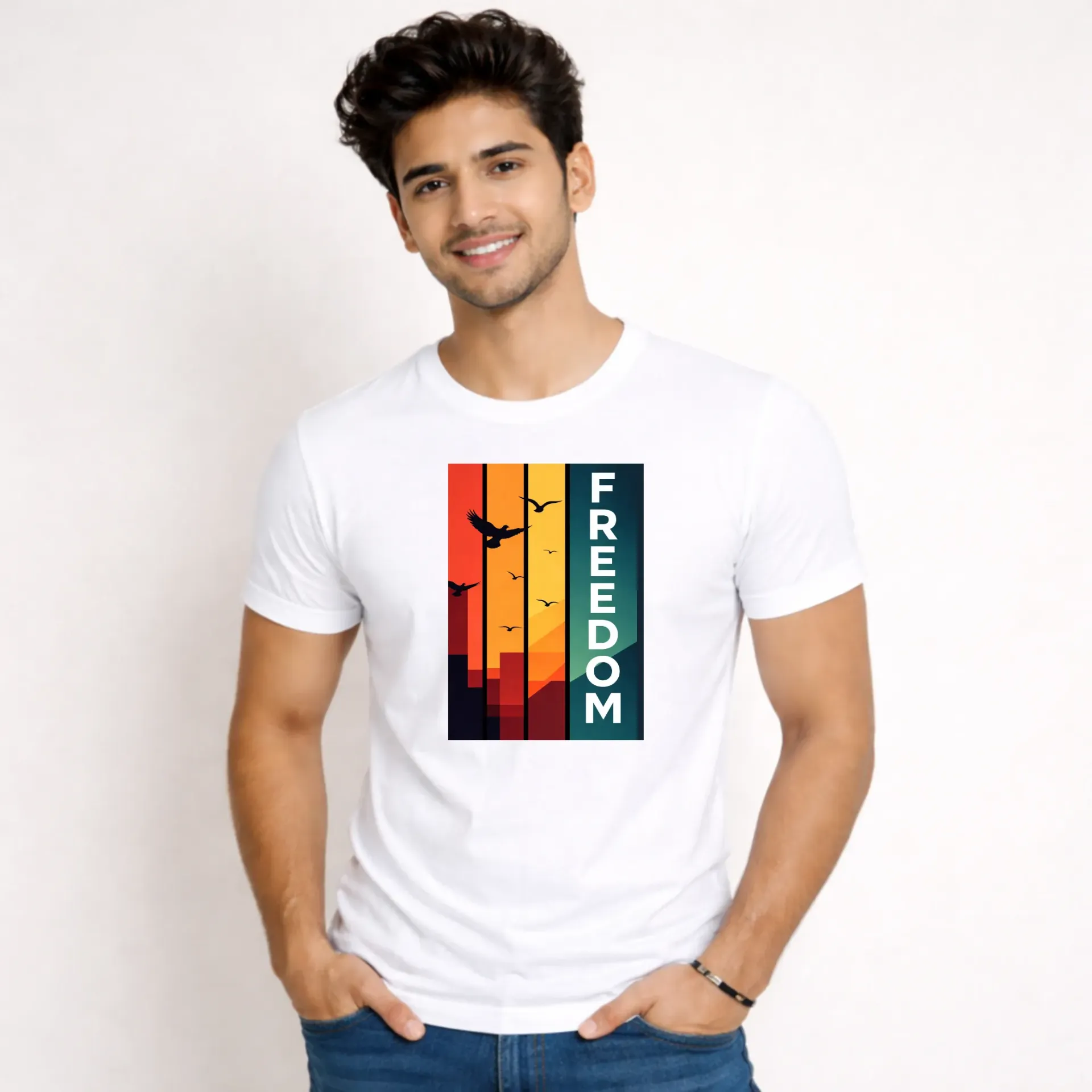 white with printed t-shirt for men,round neck t-shirt,half sleeve t-shirt,cotton blend fabric t-shirt