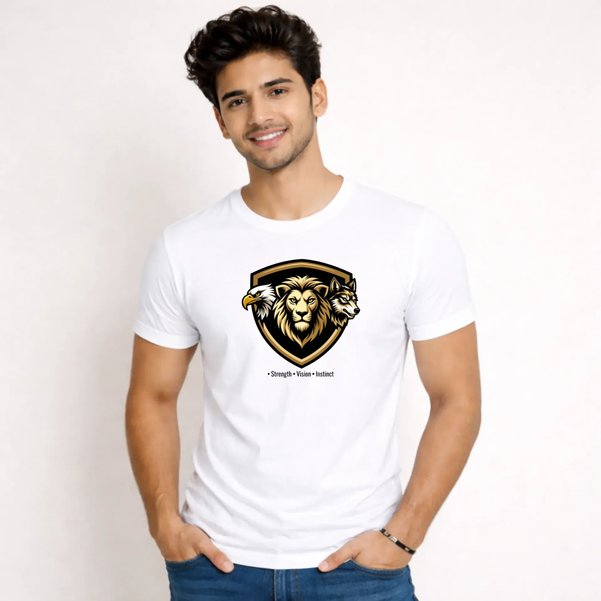white printed round neck half sleeve men t-shirt